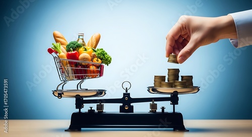 Shopping cart filled with groceries balanced against coins on a scale