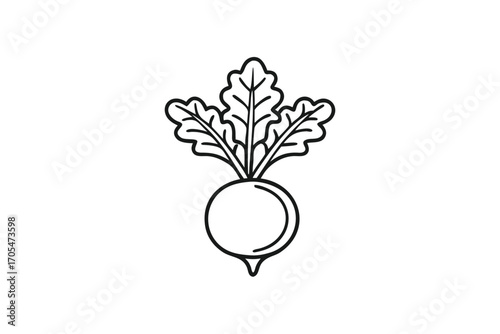 Beetroot Vegetable Outline Vector, Simple Style Radish, Leafy Greens on White Background