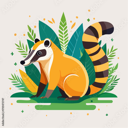 South American Coati Resting In Lush Tropical Foliage