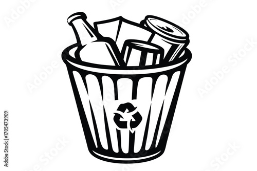 Black and white line art depicts a recycling container filled with diverse materials