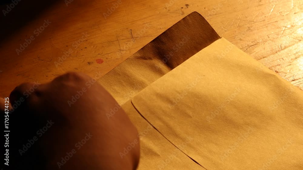 Close-up of someone opening a dummy document marked REJECTED with a red stamp. nested within an envelope
