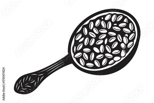 Black and white line art depicts hairbrush filled with seeds