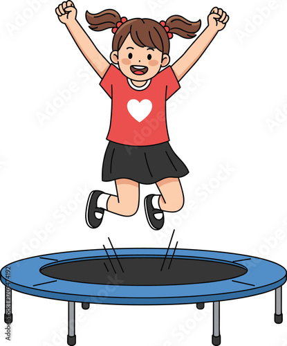Happy girl jumping on blue trampoline with raised arms, childhood outdoor play and physical activity, fun exercise and recreation, flat vector illustration