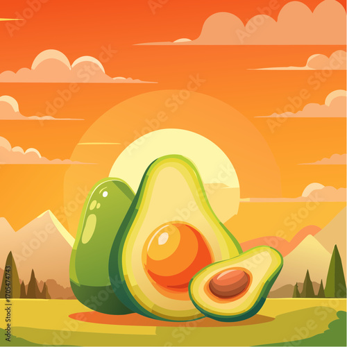 Vector minimalistic abstract avocado illustration for orange background, pattern, poster, banner or design
