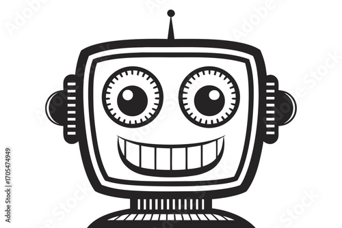 Black and white retro robot head smiles widely, presenting a fun digital vector