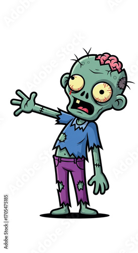 Cartoon Zombie Character with Exposed Brain and Tattered Clothes.