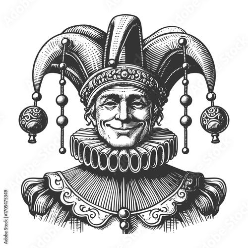 court jester wearing a traditional hat with bells, ornate clothing, and ruffled collar sketch engraving generative ai fictional character vector illustration. Scratch board. Black and white image.