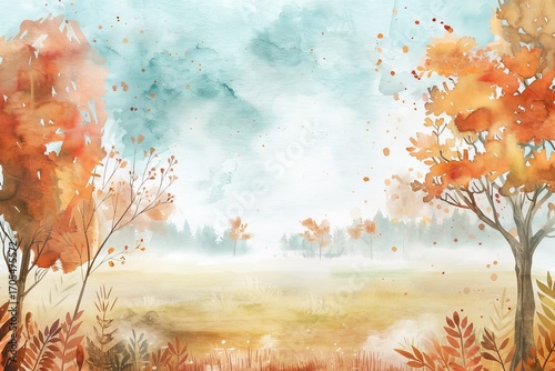 Autumn landscape with colorful trees and gentle hills at sunrise. Watercolor illustration 