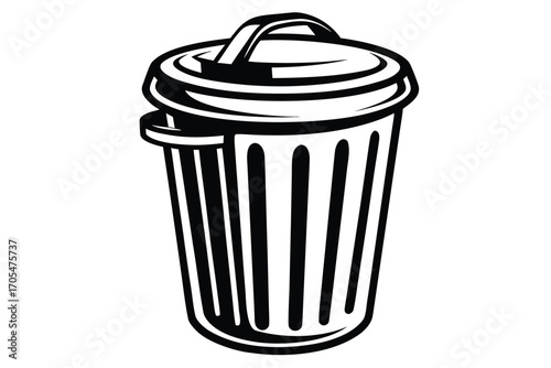 Black and white shows a closed trash can with handle on lid