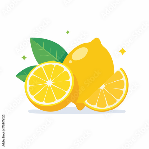 Whole and Sliced Fresh Lemon with Green Leaves