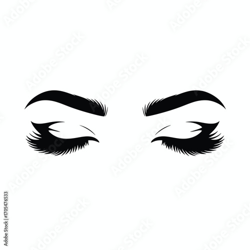 Black Silhouette of Closed Eyes with Long Eyelashes and Arched Eyebrows on White Background Keywords: eyes, eyelashes, eyebrows, closed eyes, beauty, makeup, cosmetic, lash