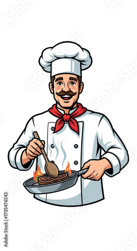 Chef Cooking Food In A Frying Pan With Flames.