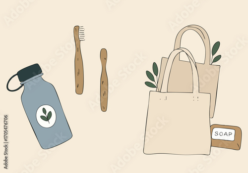 cheerful illustration showcases eco-friendly essentials- toothbrush soap reusable bag water bottle and tote  Clean minimalist