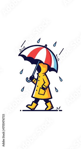 Child in Yellow Raincoat Walking with Umbrella in Rain.