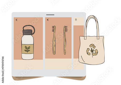 Digital illustration showcasing eco-friendly products - water bottle bamboo toothbrush and tote bag - arranged on tablet screen Clean modern design with a soft earthy color palette