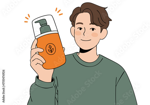 A young man holds a skincare bottle, smiling and showcasing a promotional product. Clean, modern illustration style. Bright, inviting composition.