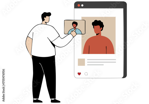 A man interacts with a digital profile on a smartphone, showcasing a reflected image of another man. Modern, flat illustration style. Suitable for tech, social media, and connection themes.