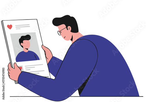 A man intently views a profile picture on a tablet, showcasing a younger man. Modern illustration style, soft pink background. Focus on connection and digital interaction.