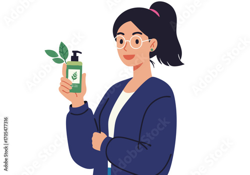 A smiling young professional holds a green skincare product, showcasing its freshness. Clean, modern illustration with a soft blue background. Ideal for beauty and wellness marketing.