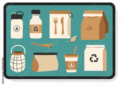 A modern tablet displays eco-friendly packaging and reusable items. Clean, flat design with a social eco theme. Ideal for sustainability marketing.