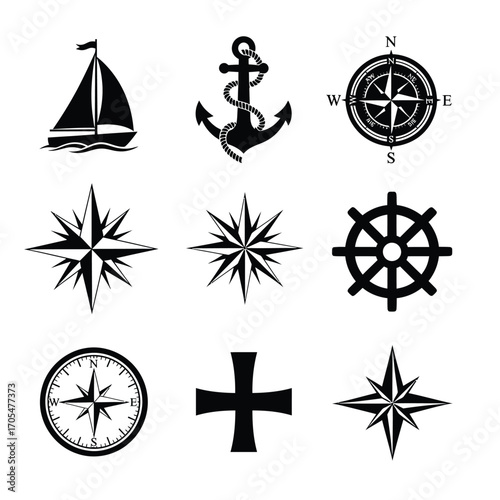 Collection of nautical icons including a sailboat, anchor, compasses, and helm vector illustration