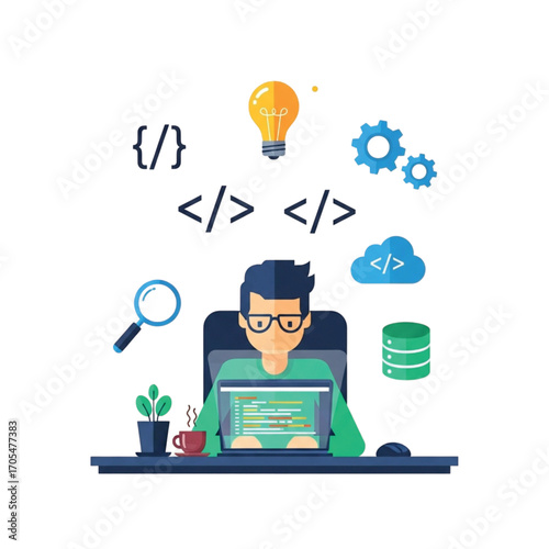 Programmer Working on Laptop with Coding Symbols and Technology Icons.