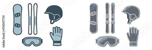 Collection of winter sports equipment including snowboards, skis, helmets, goggles, and gloves for cold weather activities