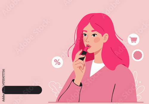 A stylish young woman applies lipstick, showcasing a new influencer campaign. Bright pink tones and modern icons highlight a shop and promotional offers. Clean, inviting design.