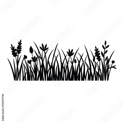 A black vector silhouette of tall grass and wild plants in a natural border style,