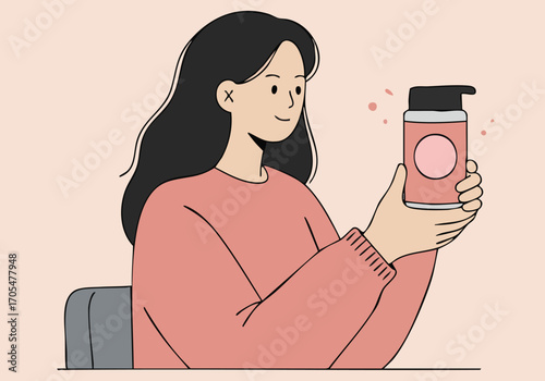 A stylish young woman holds a skincare product, promoting an influencer campaign. Soft colors and a modern illustration style create a visually appealing promo.