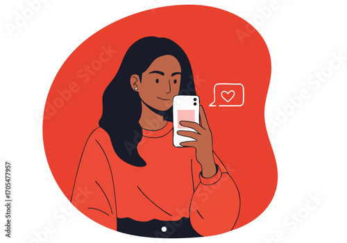 A stylish young woman holds a smartphone, capturing a selfie with a heart icon. She?s smiling and appears engaged with social media. Modern, vibrant illustration.