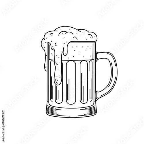 Detailed Outline Illustration of a Frothy Beer Mug Overflowing with Bubbles and Foam Keywords: beer, mug, stein, drink, beverage, alcohol, pub, bar, celebration, party, foam
