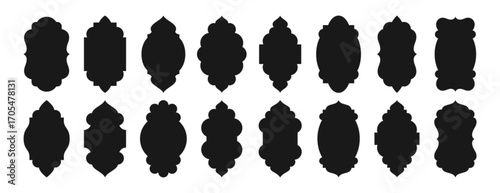 Old islamic window shapes vector set in oriental style. Black silhouette eid mubarak decorative arches, mosque borders or moroccan gates. Arabic muslim architecture frames, ramadan design elements