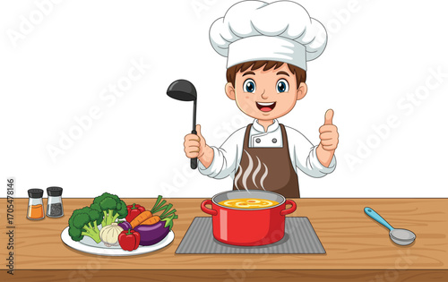 Smiling young chef cooking soup in red pot with fresh vegetables on counter, healthy culinary activity for kids, kitchen scene, flat vector illustration