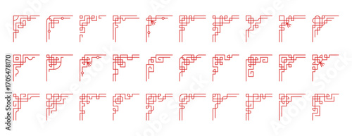 Vector set of chinese corners. Red japanese border frames design art, asian vintage ornaments isolated on white background. Traditional korean decorative element, japan ancient line culture decoration