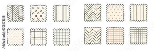 Fabric swatches with diverse geometric textile patterns and abstract designs for fashion and interior design projects