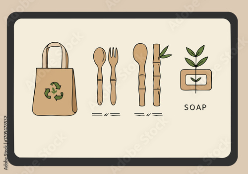 stylish digital illustration showcases eco-friendly swaps- reusable bag cutlery bamboo soap and seedling Clean modern design with a social eco theme Perfect for sustainability marketing