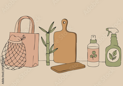 stylish flat lay showcasing eco-friendly products - reusable bags cutting board spray bottle and net tote Minimalist design with a 'Green Promo' text overlay Modern muted color palette