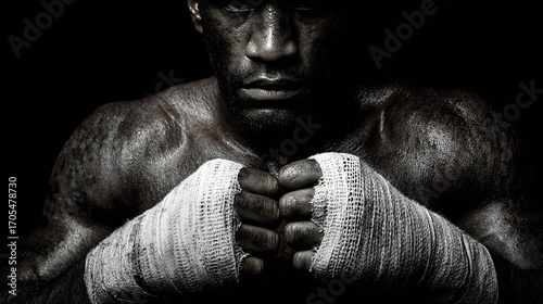 Low-key dramatic image of a boxer wrapping his hands in preparation for an intense training session