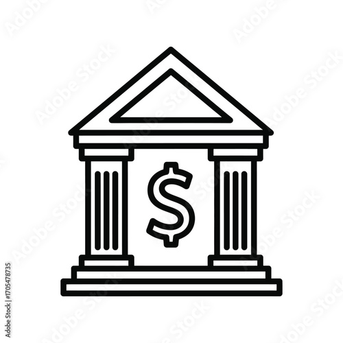 Icon of a bank building with a dollar sign inside for financial services and money concepts isolated on white background