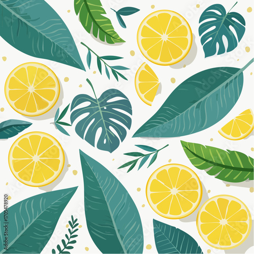 Lemon Slices and Tropical Leaves on White Background