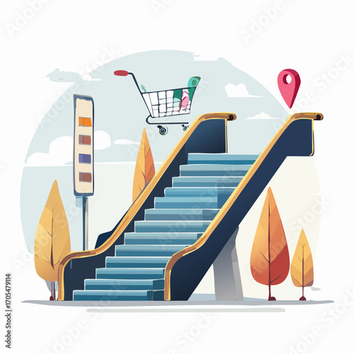 Blue And Gold Escalator With Floating Shopping Cart In Autumn Setting