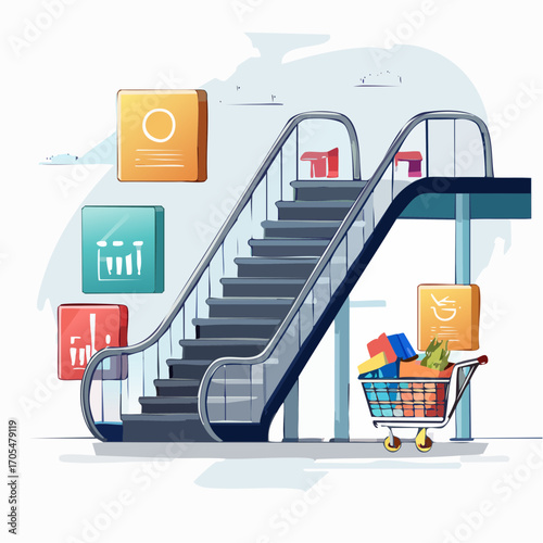Empty Escalator And Shopping Cart With Groceries In Modern Mall