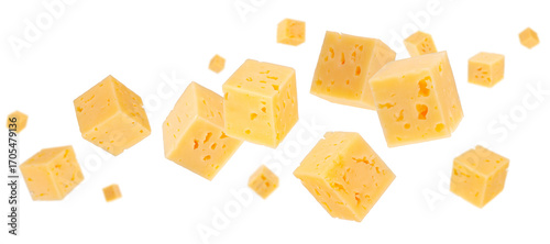 Cubes of regular cheese fly and levitate in space. Isolated on white.