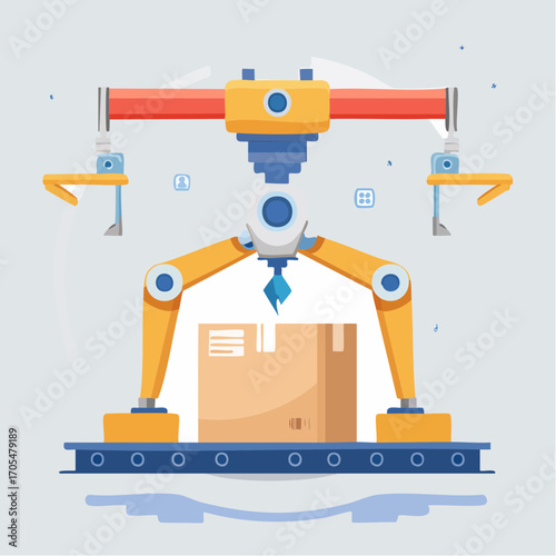 Robotic Arm Lifting Cardboard Box On Conveyor Belt