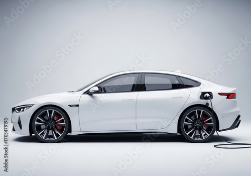 Photo of white electric sedan car plugged in for charging, isolated on white background