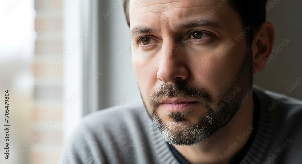 Obraz premium Man Contemplating, Deep Thought, Serious Reflection, Focused Gaze, Introspective Moment.