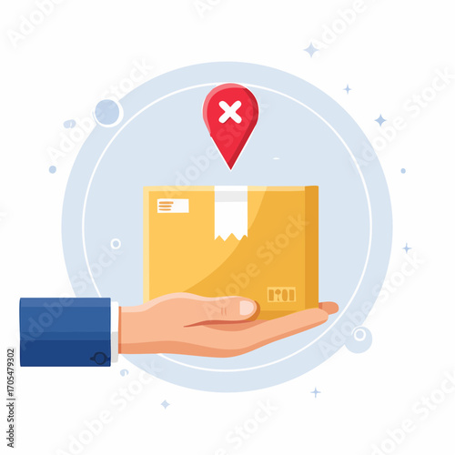 Hand Holding Cardboard Box With Red Cross Mark Location Icon