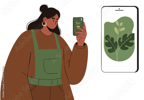 A stylish woman holds a phone displaying an eco-friendly design.  Warm tones and a modern aesthetic create a vibrant, conscious vibe. Perfect for sustainability and lifestyle content.