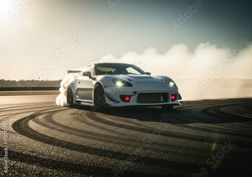 Photo of white sports car performing a drift on a track, creating a cloud of smoke and tire marks, captured in dynamic action with dramatic lighting